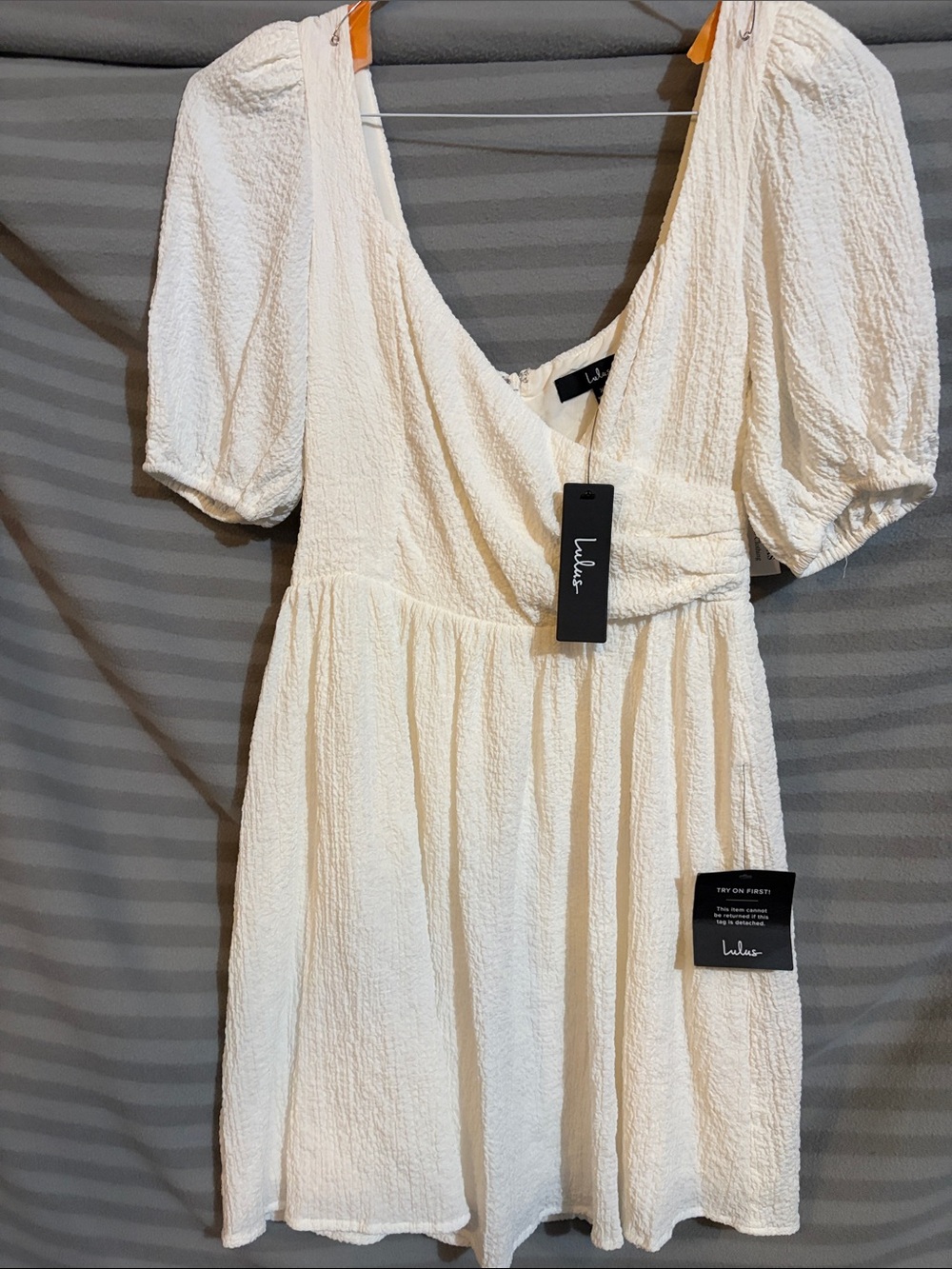 Lulu's Cream Textured Puff-Sleeve Mini Dress with V-Neck